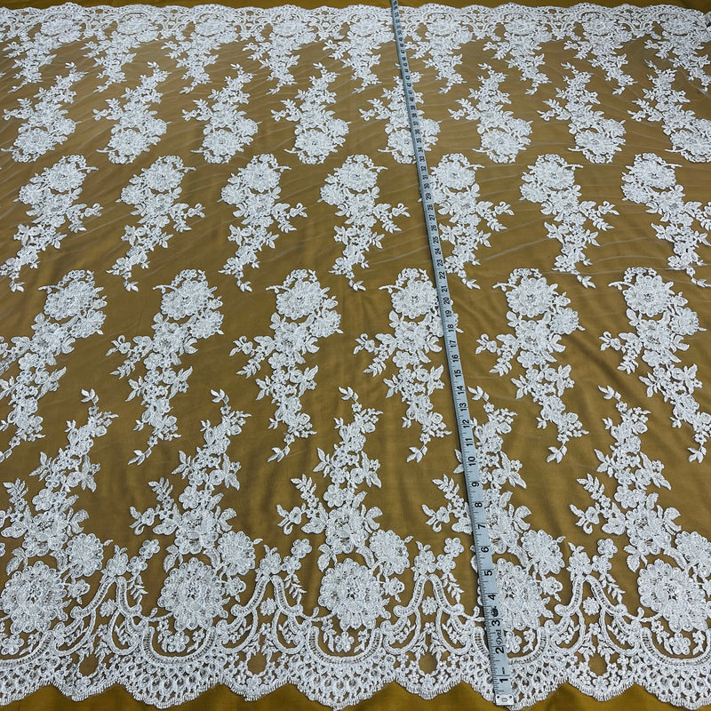 Beaded & Corded Bridal Lace Fabric Embroidered on 100% Polyester Net Mesh | Spandex Palace