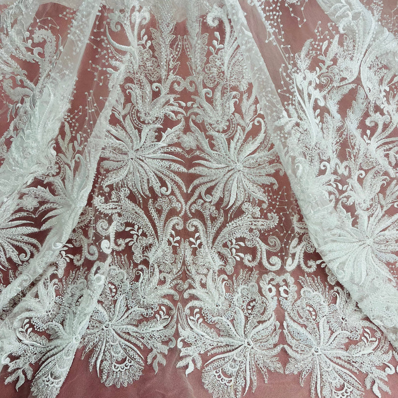 Beaded Lace Fabric Embroidered With Fuzzy Thread on 100% Polyester Net Mesh | Lace USA - GD-12264