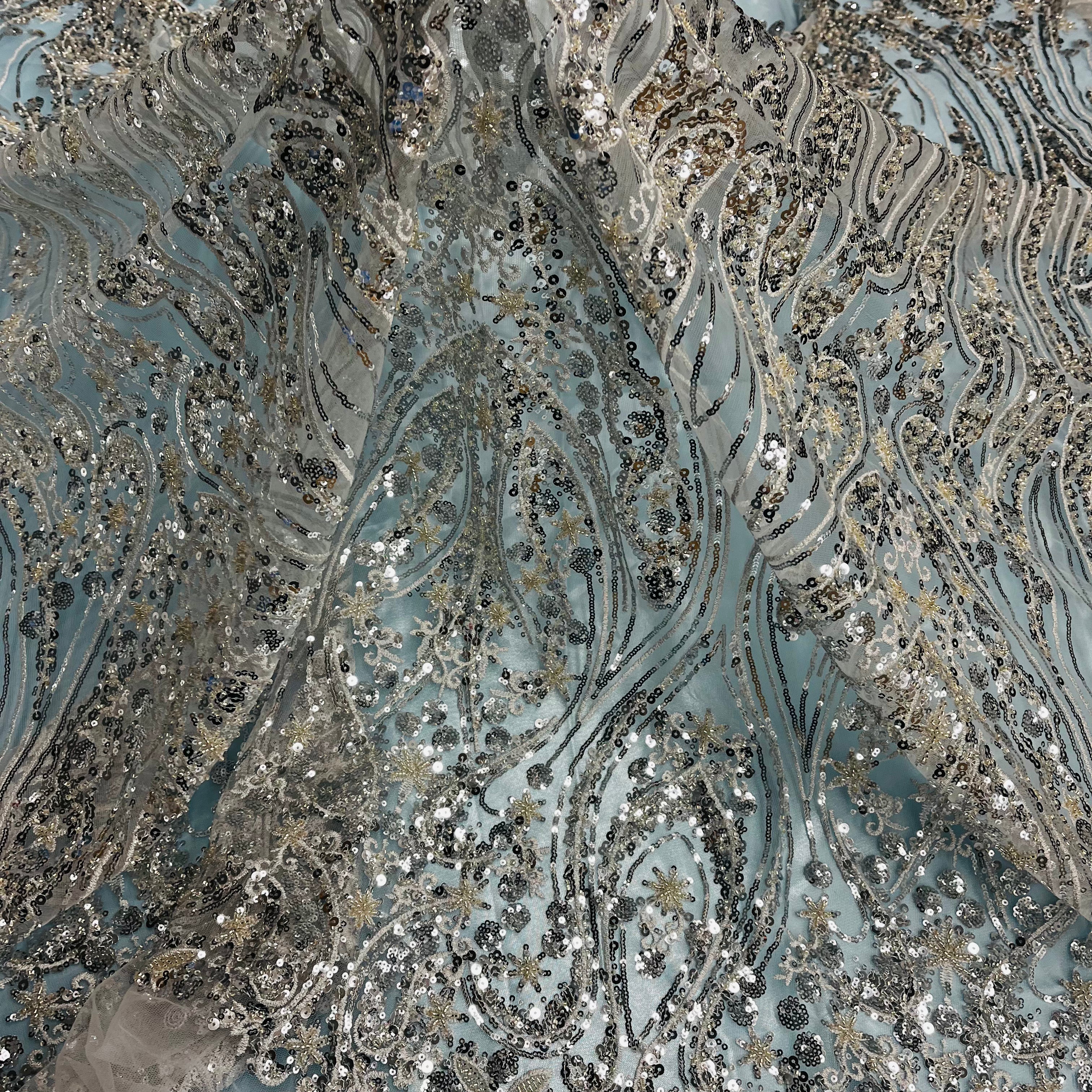 Beaded Lace Fabric Embroidered on 100% Polyester Net Mesh | Lace USA - GD-13010