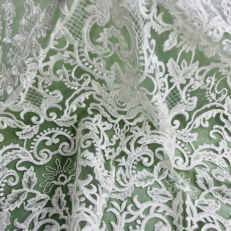 Corded Bridal Lace Fabric Embroidered on 100% Polyester Net Mesh | Lace USA - 96997W