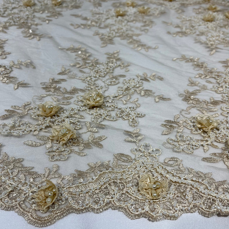 Beaded Double Sided 3D Floral Lace Trimming Embroidered on 100% Polyester Net Mesh | Lace USA - GD-733