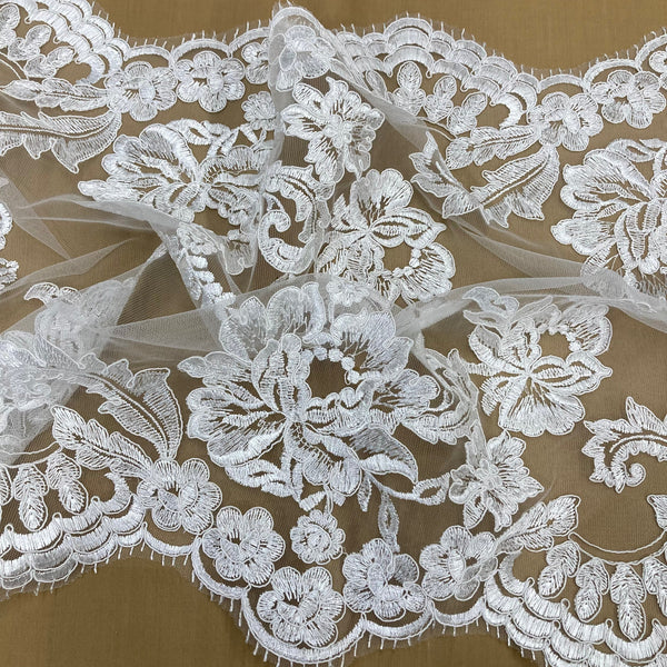 Double Sided Floral Lace Trimming Corded Embroidered on 100% Poly. Net Mesh | Lace USA - 97129W/2