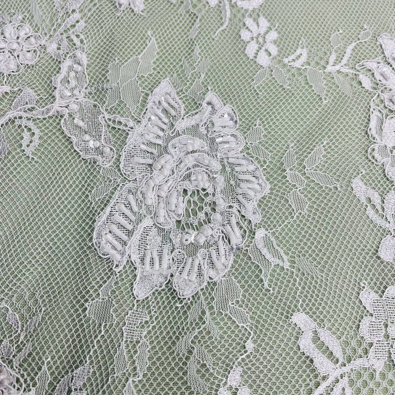 3 Yards Precut Beaded & Corded Chantilly Floral Lace Fabric Embroidered on 100% Polyester Net Mesh | Lace USA - 97143W-BP