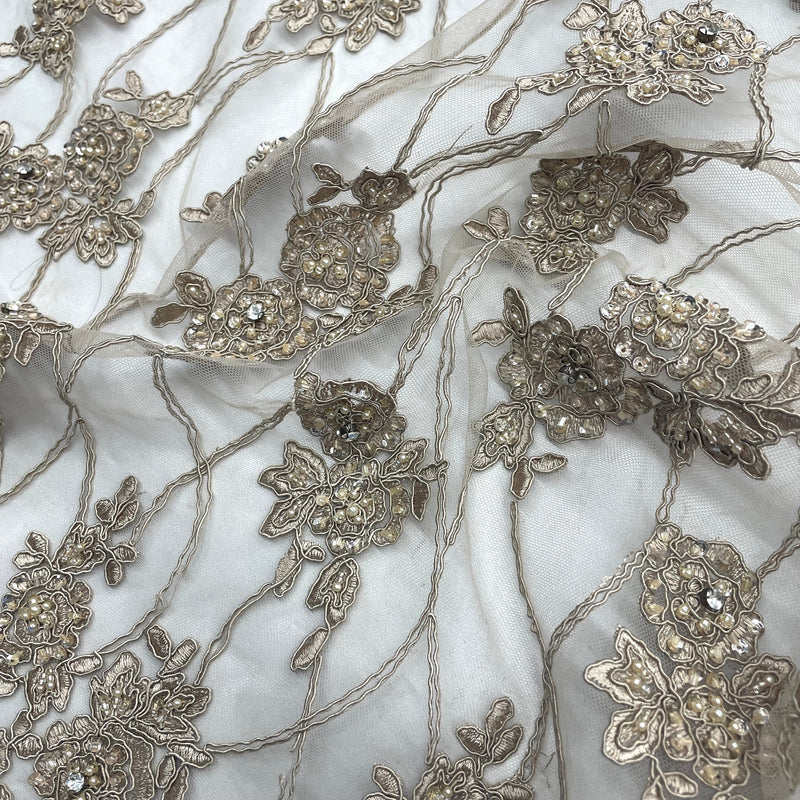 Beaded & Corded Bridal Fabric Lace Embroidered on 100% Polyester Net Mesh | Lace USA - GD-381