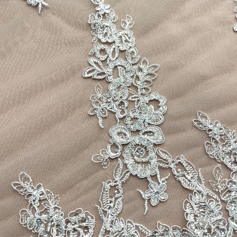 Beaded & Corded Bridal Lace Fabric Embroidered on 100% Polyester Net Mesh | Lace USA - 91443W-HB