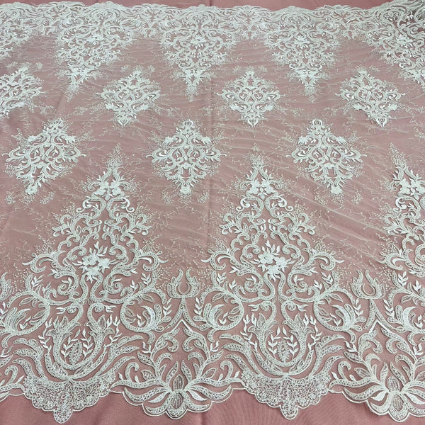 Beaded & Corded Bridal Lace Fabric Embroidered on 100% Polyester Net Mesh | Lace USA - GD-12266