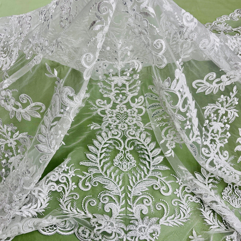 Beaded & Corded Bridal Lace Fabric Embroidered on 100% Polyester Net Mesh | Lace USA - 97160W-HB