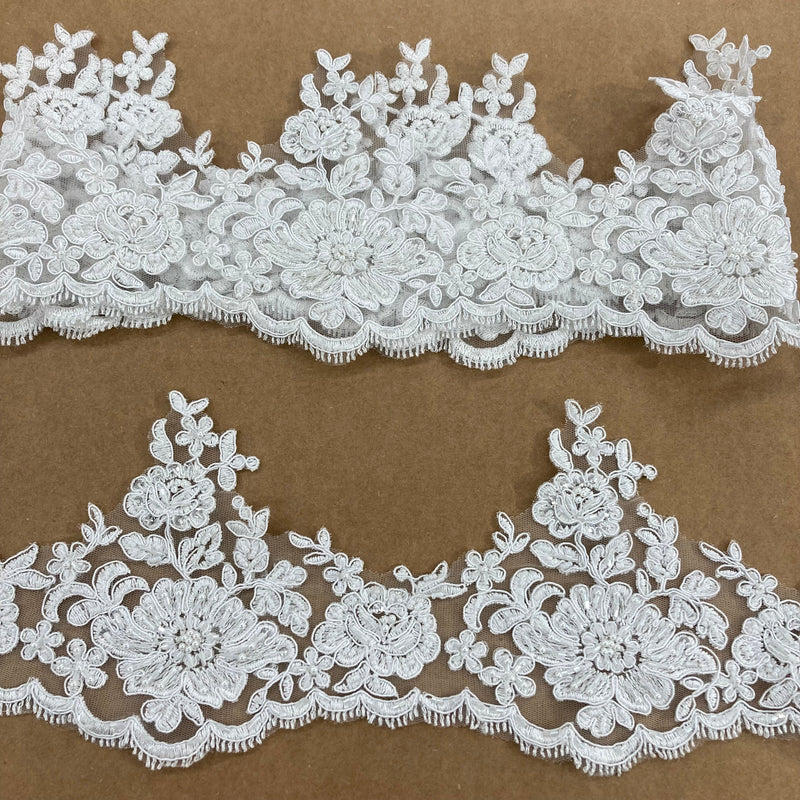 Beaded & Corded Floral Lace Trimming Embroidered on 100% Polyester Net Mesh | Lace USA - 96439W-BP