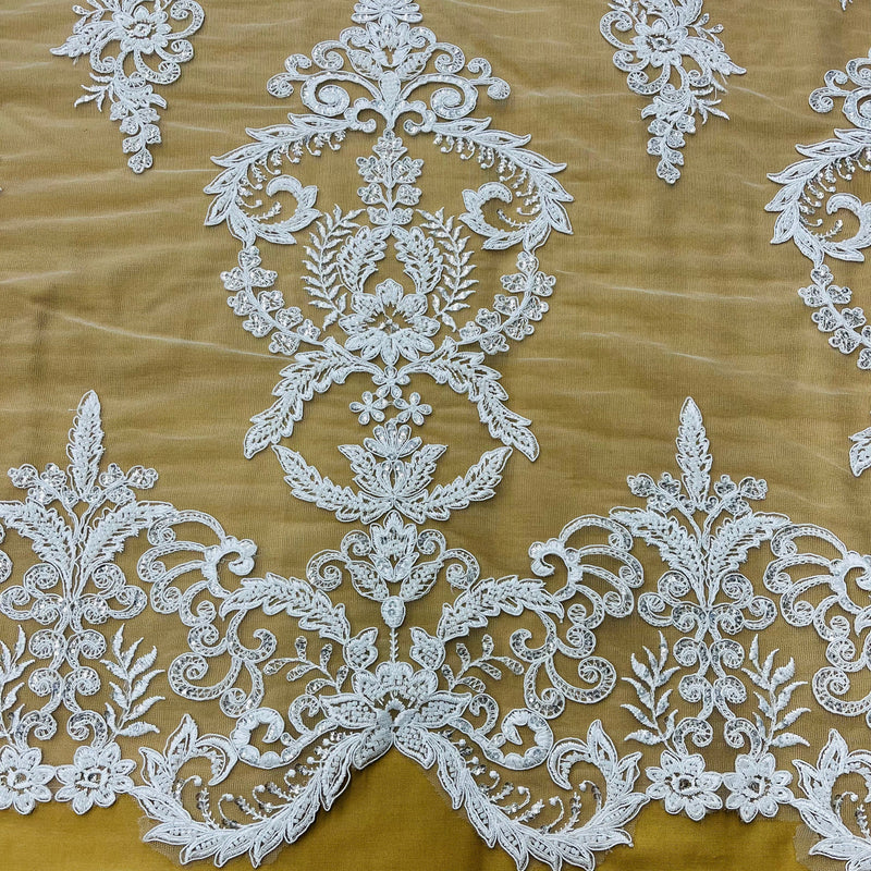 Beaded & Corded Bridal Lace Fabric Embroidered on 100% Polyester Net Mesh | Lace USA - GD-55518