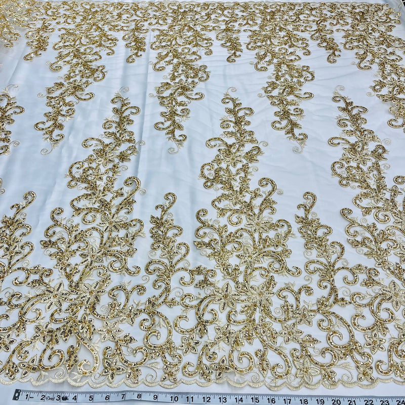 Beaded & Corded Bridal Fabric Lace Embroidered on 100% Polyester Net Mesh | Lace USA - 97219W-HB