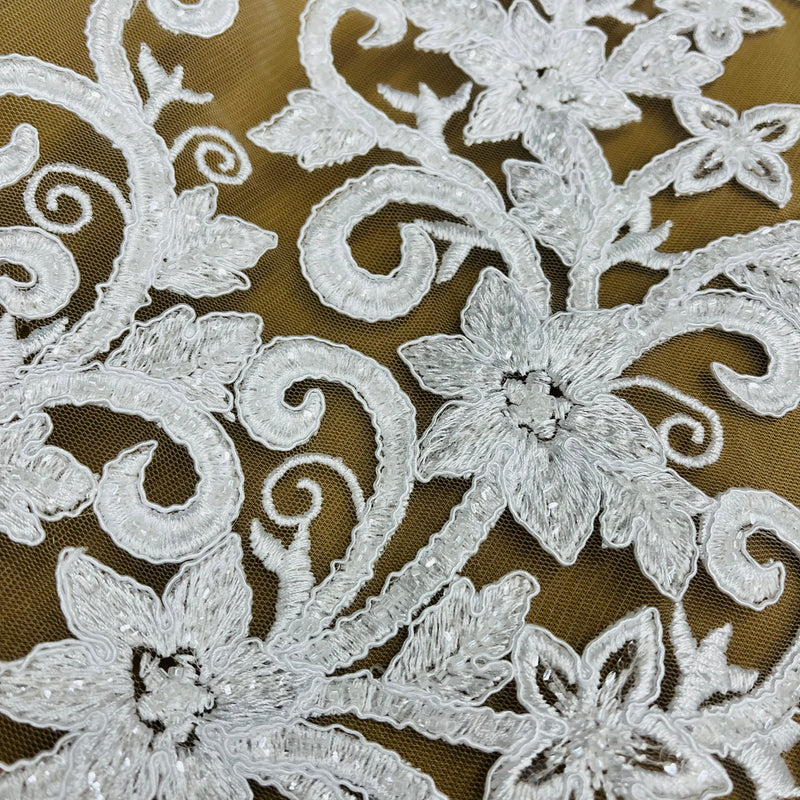 Beaded & Corded Bridal Fabric Lace Embroidered on 100% Polyester Net Mesh | Lace USA - 97219W-HB