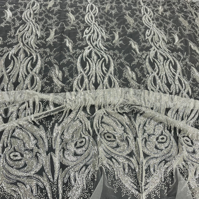 Beaded & Corded Bridal Lace Fabric Embroidered on 100% Polyester Net Mesh | Lace USA -GD-12622