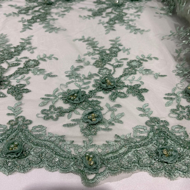 Beaded Double Sided 3D Floral Lace Trimming Embroidered on 100% Polyester Net Mesh | Lace USA - GD-733