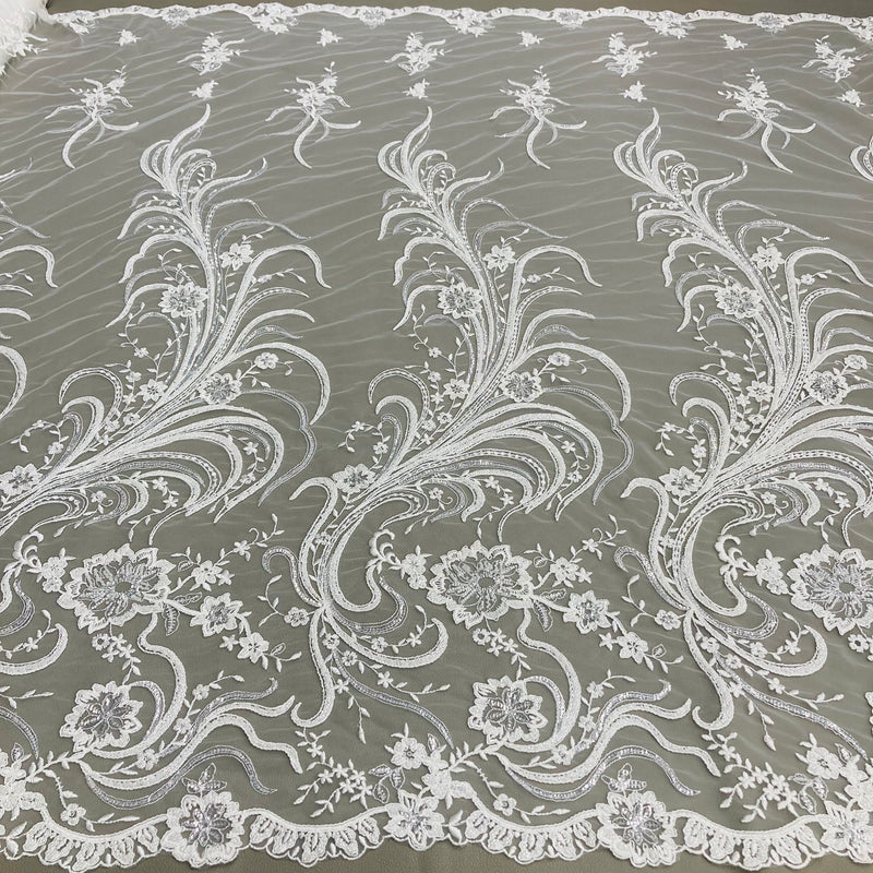 Beaded & Corded Bridal Lace Fabric Embroidered on 100% Polyester Net Mesh | Lace USA - 97130W-HB