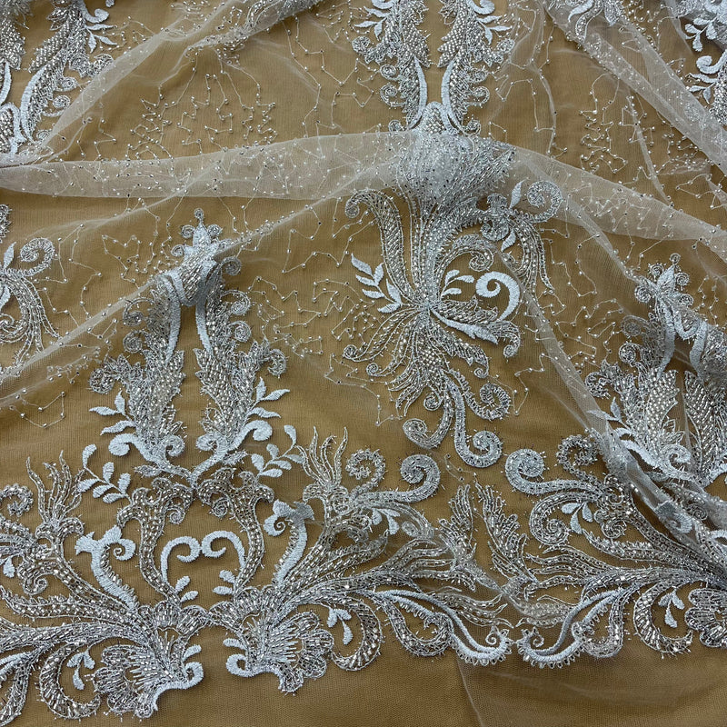 Beaded Lace Fabric Embroidered With Fuzzy Thread on 100% Polyester Net Mesh | Lace USA - GD-12264