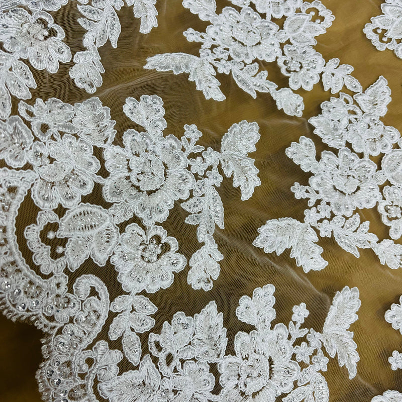 Beaded & Corded Bridal Lace Fabric Embroidered on 100% Polyester Net Mesh | Lace USA - 95409W-HB