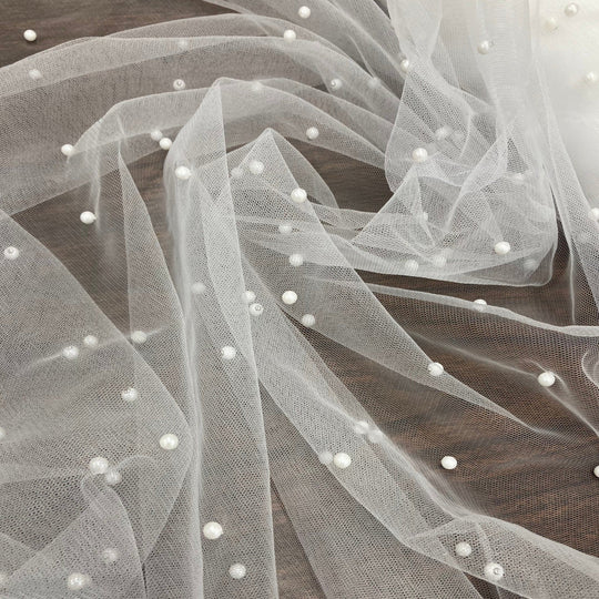 2-Way Stretch Net Mesh Fabric with Scattered Pearls | Lace USA - Net Pearl