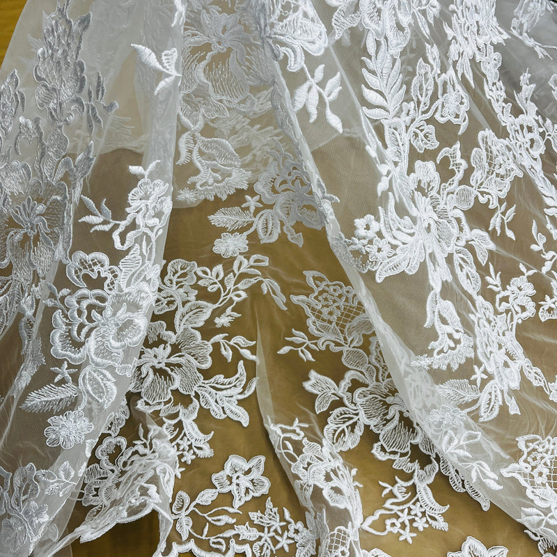 Corded Bridal Lace Fabric Embroidered on 100% Polyester Net Mesh | Lace USA - 97126W