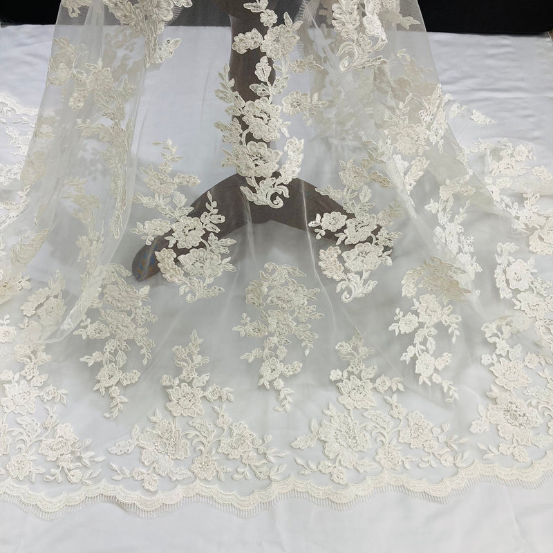 Beaded & Corded Bridal Lace Fabric Embroidered on 100% Polyester Net Mesh | Lace USA - 97145W-HB