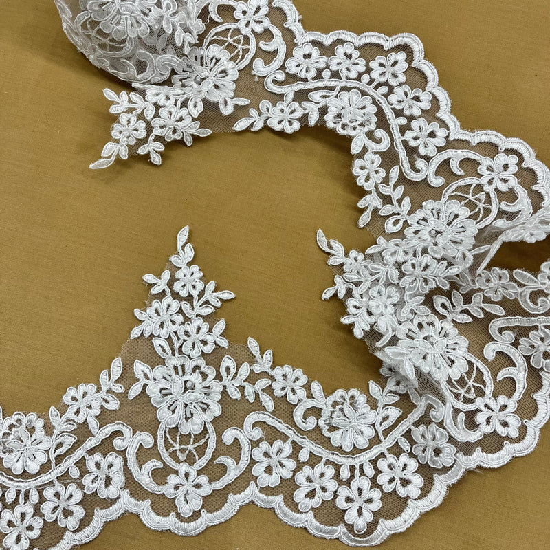 Beaded & Corded Floral Lace Trimming Embroidered on 100% Polyester Net Mesh | Lace USA - 96216W-HB