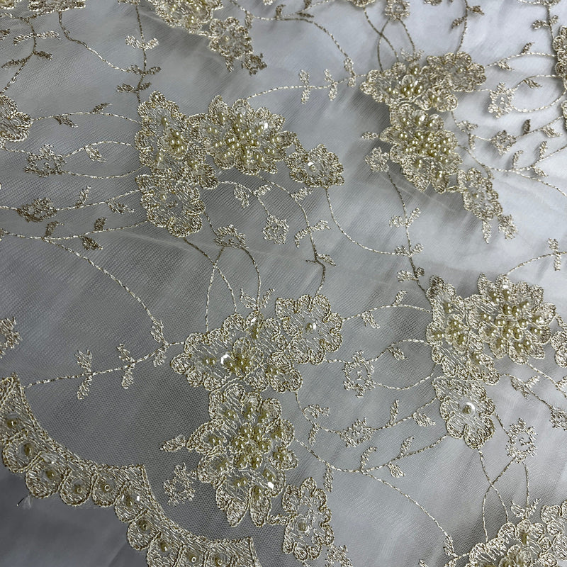 Beaded & Corded Lace Fabric Embroidered on 100% Polyester Net Mesh | Spandex Palace