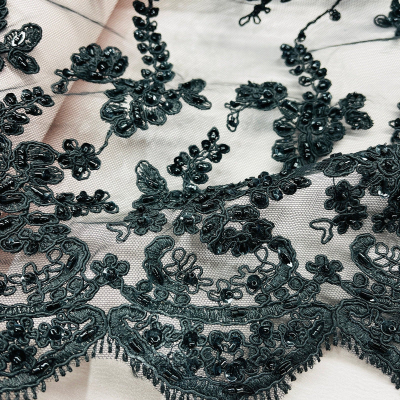 Beaded & Corded Lace Fabric Embroidered on 100% Polyester Net Mesh | Spandex Palace- GD-1819