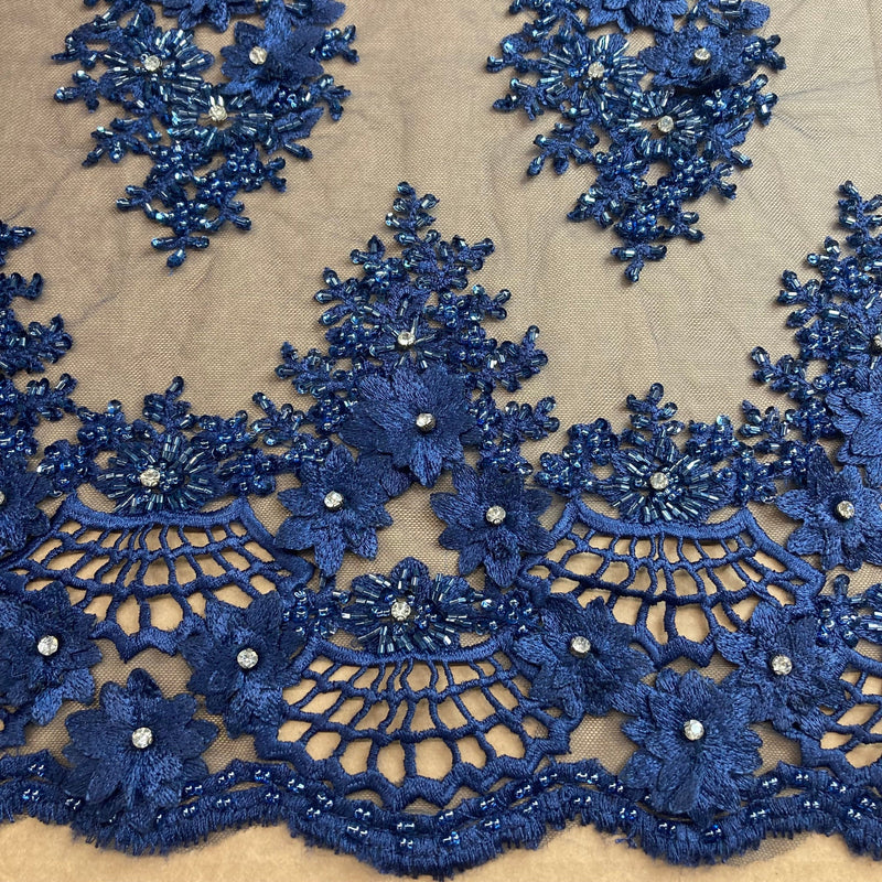 Beaded 3D Floral Lace Fabric Embroidered on 100% Polyester Net Mesh | Lace USA - GD-08