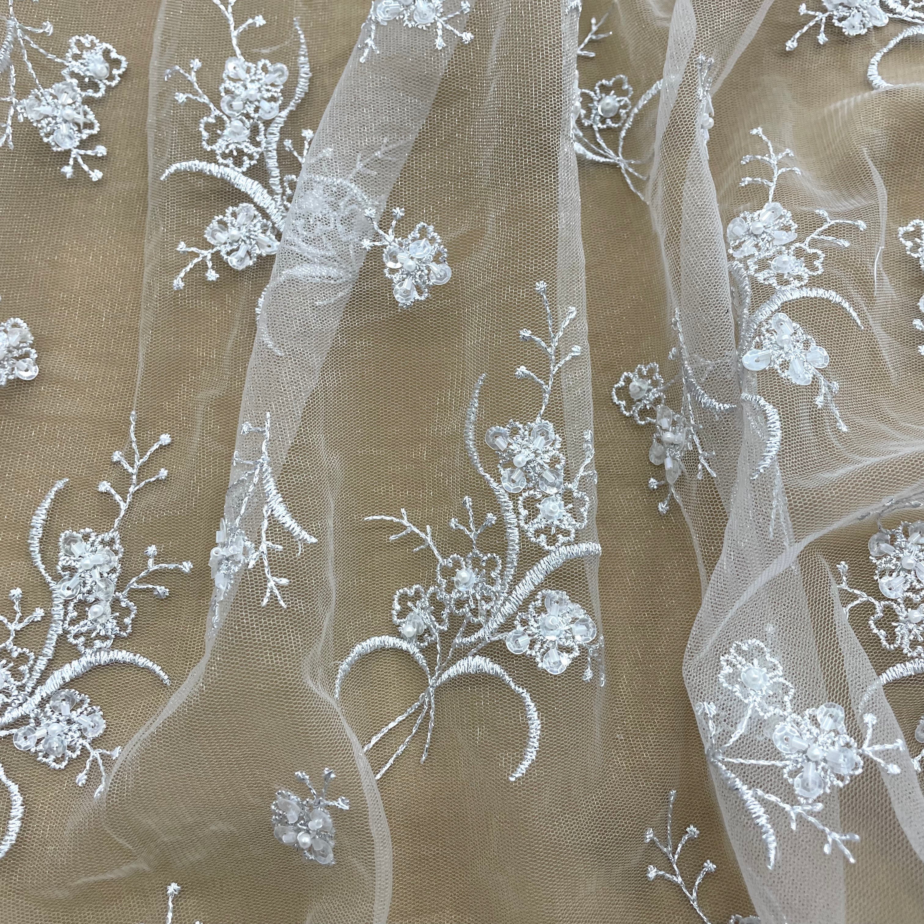 Beaded Lace Fabric Embroidered on 100% Polyester Net Mesh | Lace USA - 42002W-BP