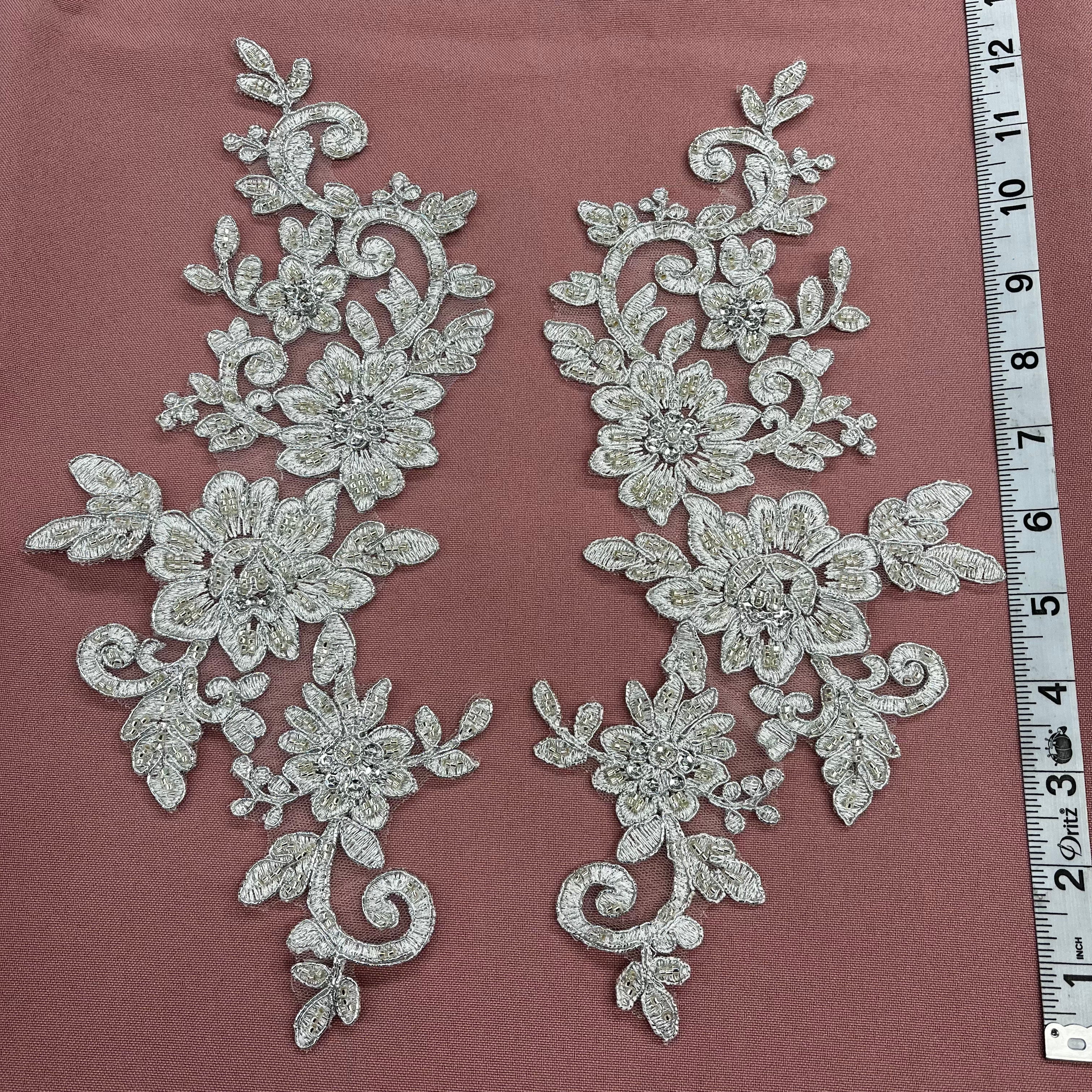 Beaded & Corded Floral Lace Applique Embroidered on 100% Polyester Net Mesh | Lace USA - 96440W-HB