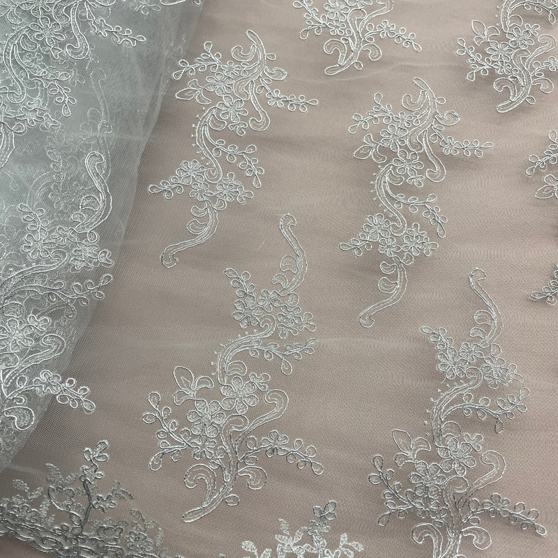 Corded Bridal Lace Fabric Embroidered on 100% Polyester Net Mesh | Lace USA - 97199W