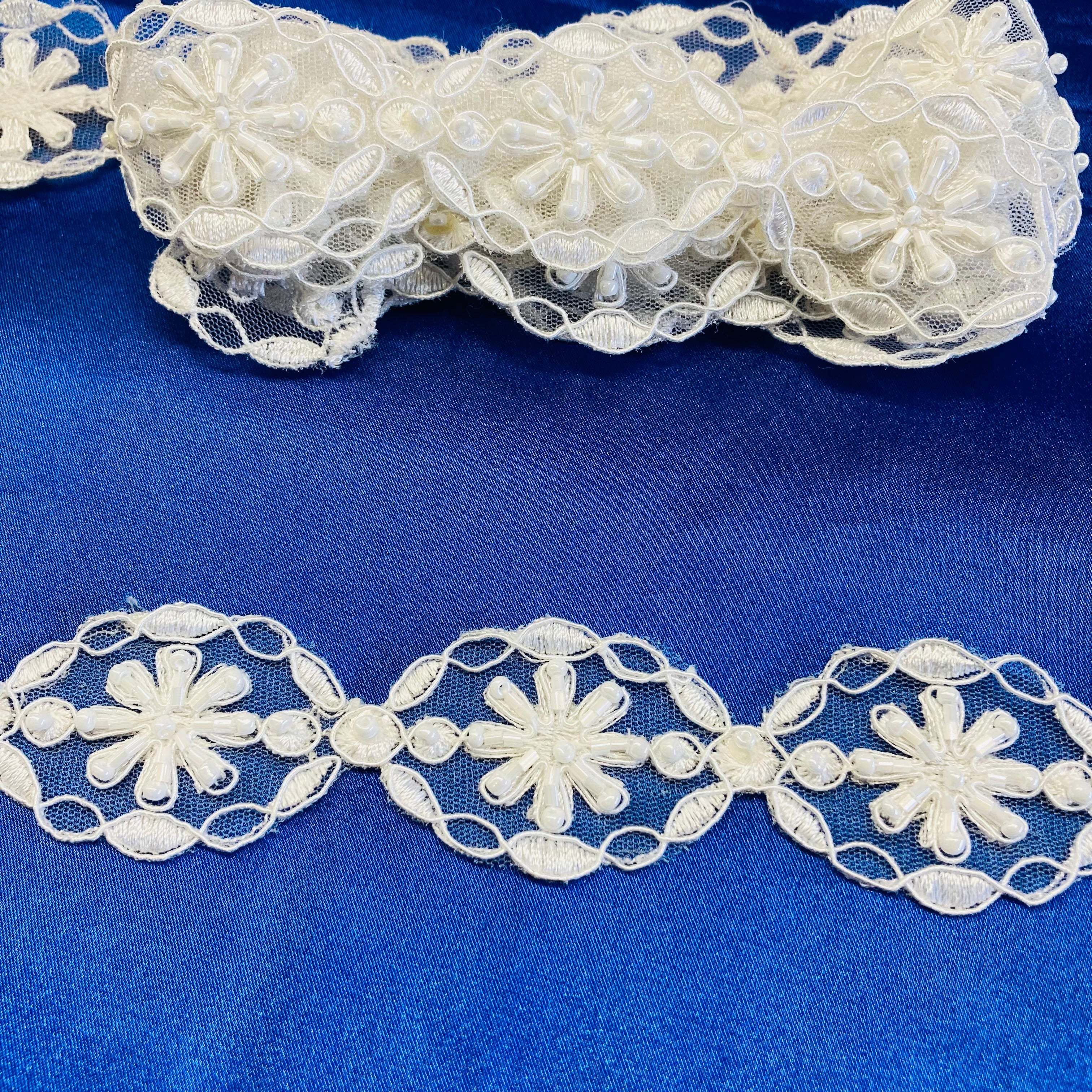 Beaded & Corded Lace Trimming Embroidered on 100% Polyester Net Mesh | Lace USA - 96775W-BP