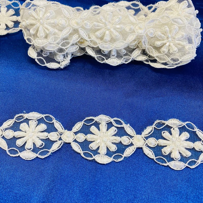 Beaded & Corded Lace Trimming Embroidered on 100% Polyester Net Mesh | Lace USA - 96775W-BP