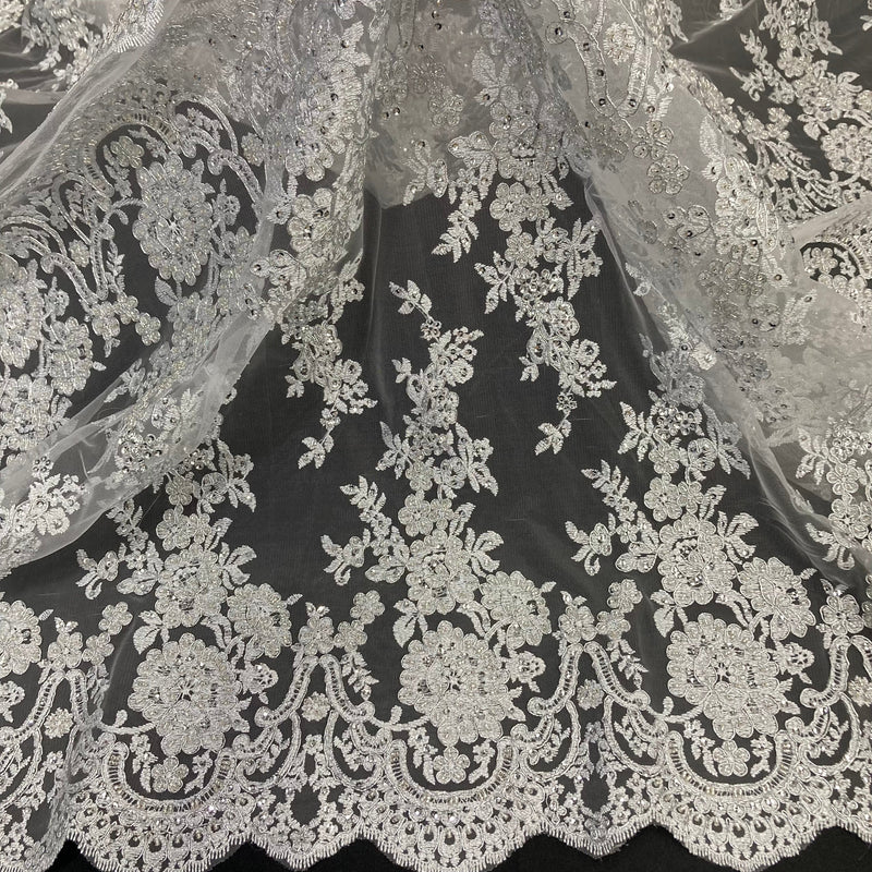 Beaded & Corded Bridal Lace Fabric Embroidered on 100% Polyester Net Mesh | Lace USA - 96874W-HB