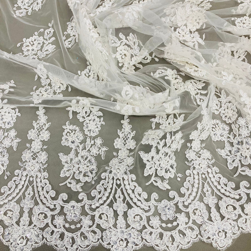 Beaded & Corded Lace Fabric Embroidered on 100% Polyester Net Mesh | Lace USA - 96784W-BP