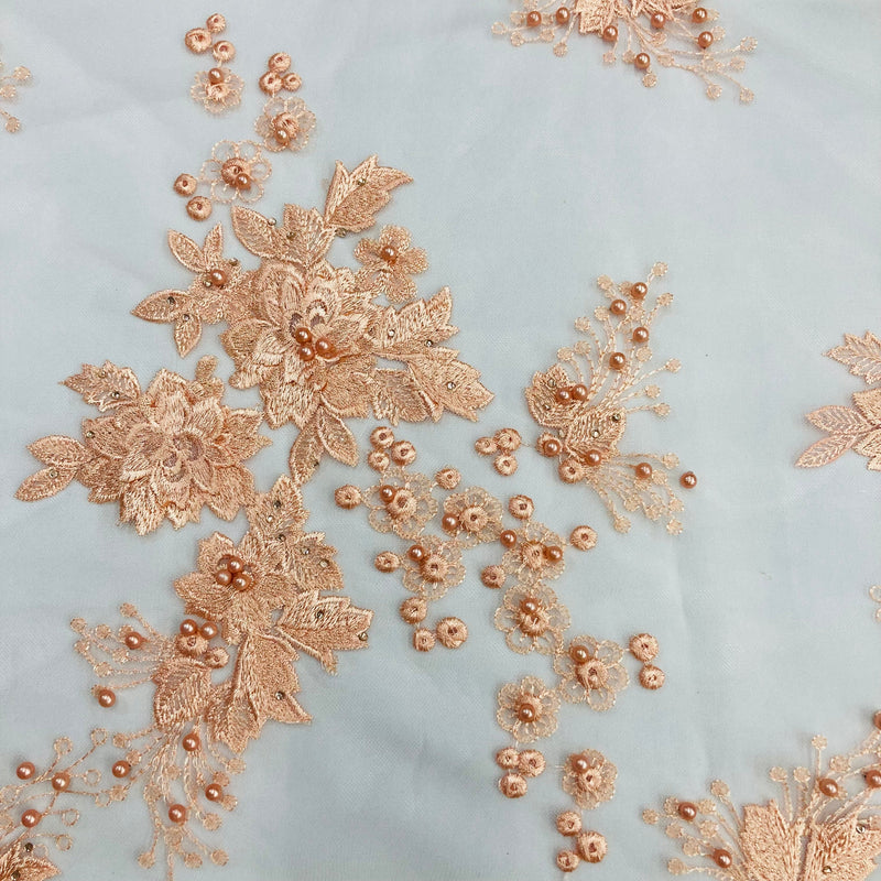 Beaded 3D Floral Lace Fabric Embroidered on 100% Polyester Net Mesh | Lace USA - GD-031