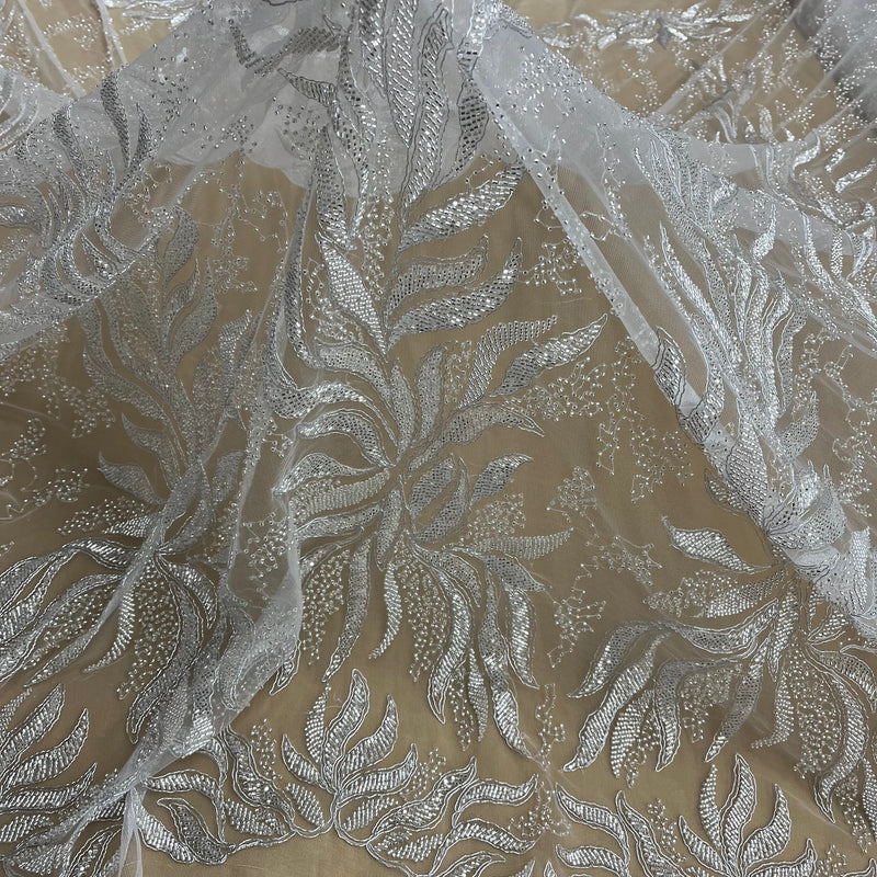 Beaded & Corded Bridal Lace Fabric Embroidered on 100% Polyester Net Mesh | Lace USA - GD-12621