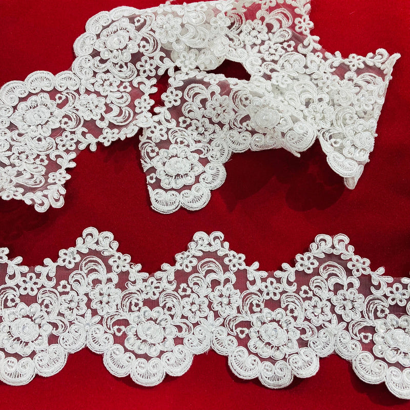 Beaded & Corded Lace Trimming Embroidered on 100% Polyester Net Mesh | Lace USA - 95622W-BP