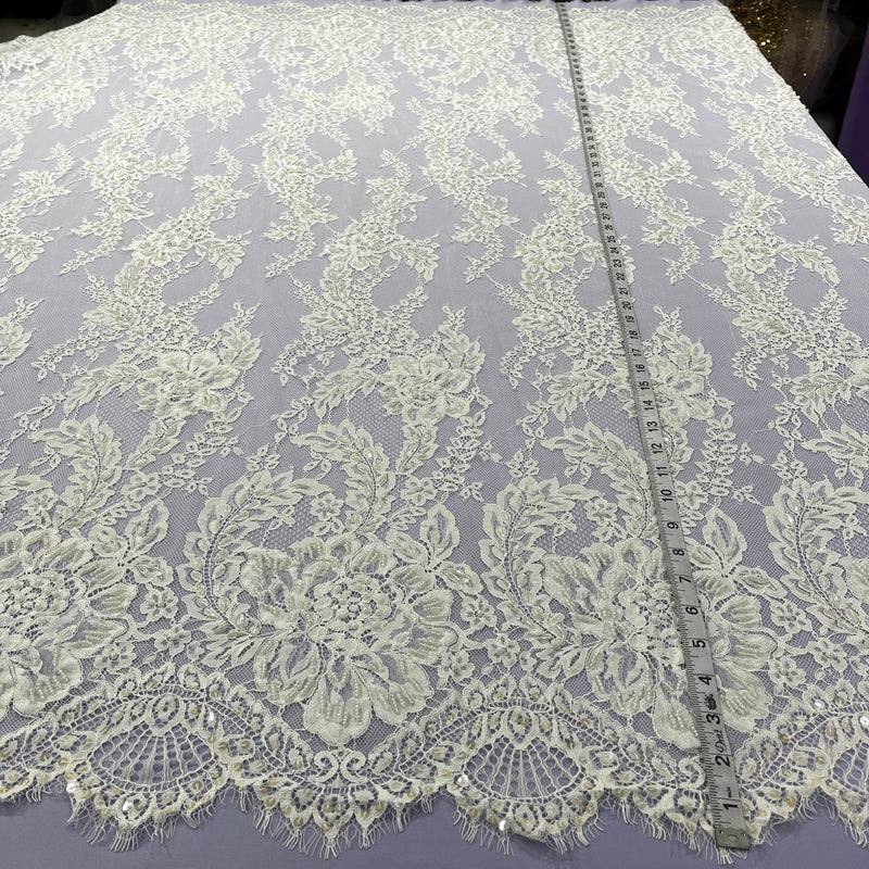 Beaded Chantilly Embroidered Lace Fabric with Eyelash Scallop | Spandex Palace - GD-316