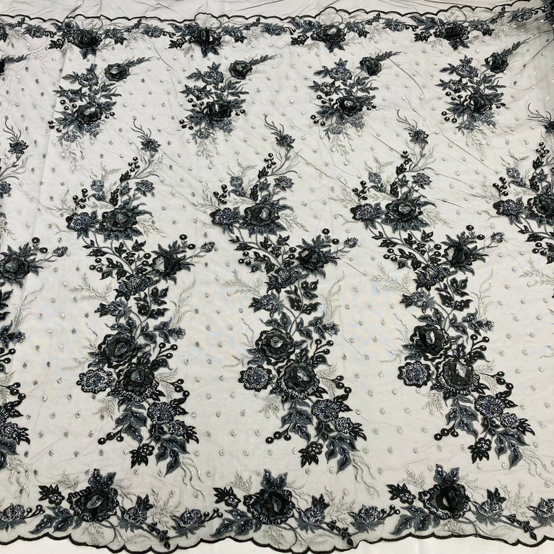 Beaded 3D Floral Lace Fabric Embroidered on 100% Polyester Net Mesh | Lace USA - GD-416