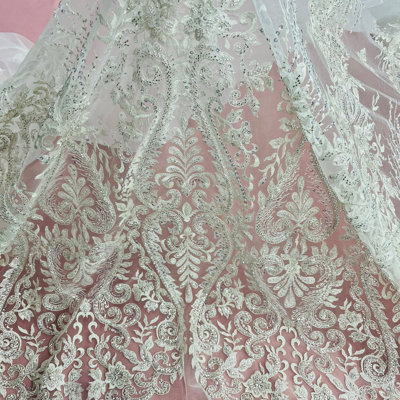 Beaded Lace Fabric Embroidered on 100% Polyester Net Mesh | Lace USA - GD-12152