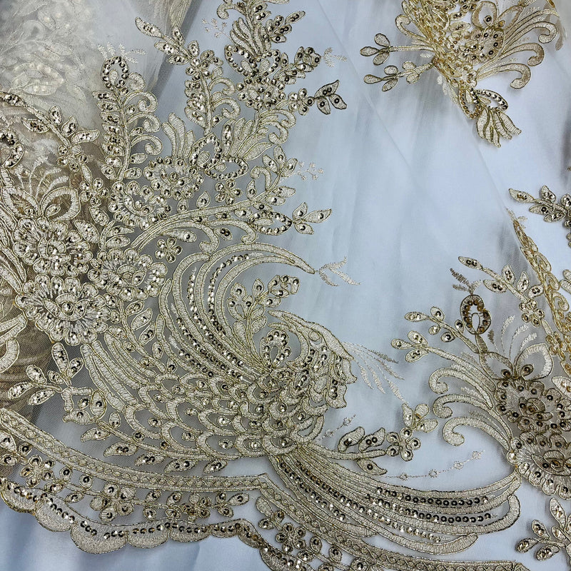 Beaded & Corded Bridal Lace Fabric Embroidered on 100% Polyester Net Mesh | Lace USA - 97141W-SB