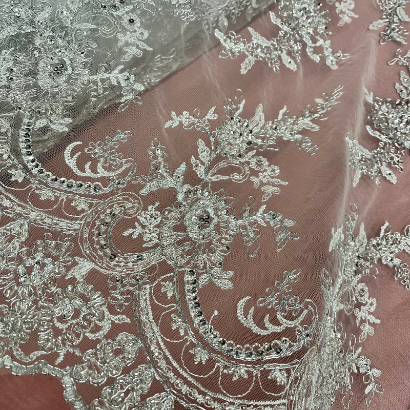 Beaded & Corded Bridal Fabric Lace Embroidered on 100% Polyester Net Mesh | Lace USA - 96979W-HB