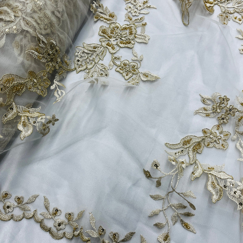 Beaded & Corded Bridal Lace Fabric Embroidered on 100% Polyester Net Mesh | Spandex Palace- 97126W-HB