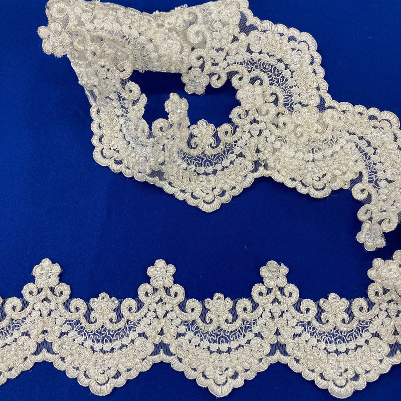 Beaded & Corded Lace Trimming Embroidered on 100% Polyester Net Mesh | Lace USA - 95606W-HB