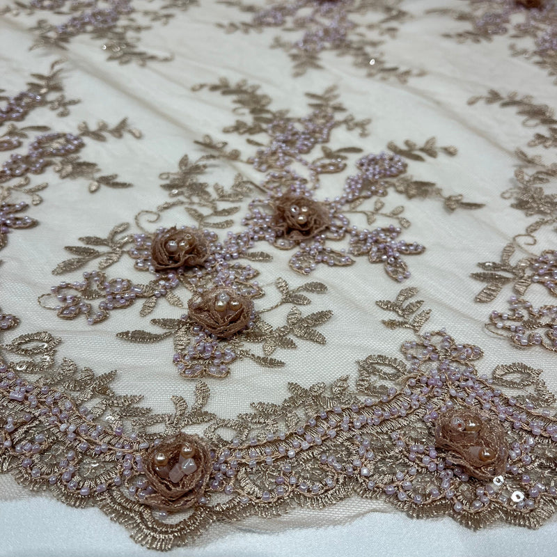 Beaded Double Sided 3D Floral Lace Trimming Embroidered on 100% Polyester Net Mesh | Lace USA - GD-733