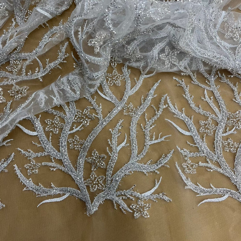 Beaded Lace Fabric Embroidered With Fuzzy Thread on 100% Polyester Net Mesh | Lace USA - GD-12263