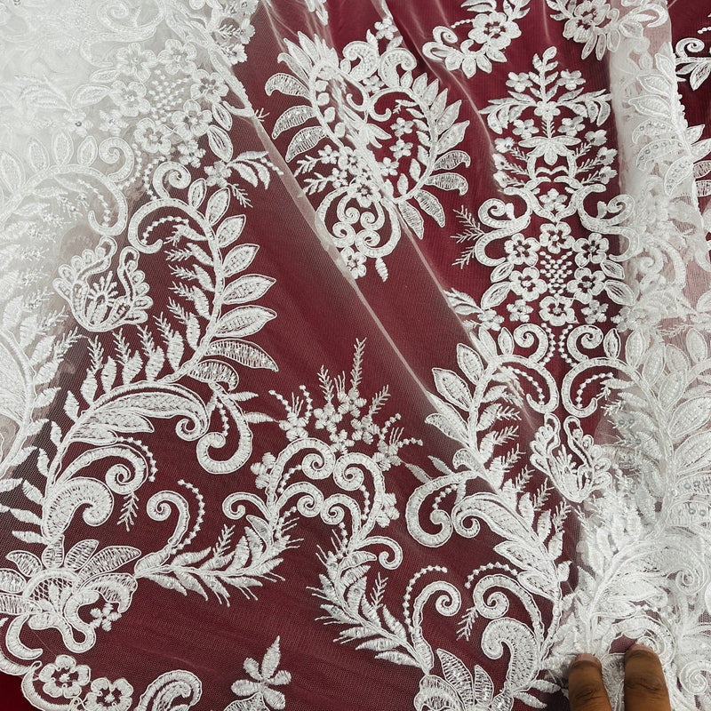 Beaded & Corded Bridal Lace Fabric Embroidered on 100% Polyester Net Mesh | Lace USA - 97160W-HB