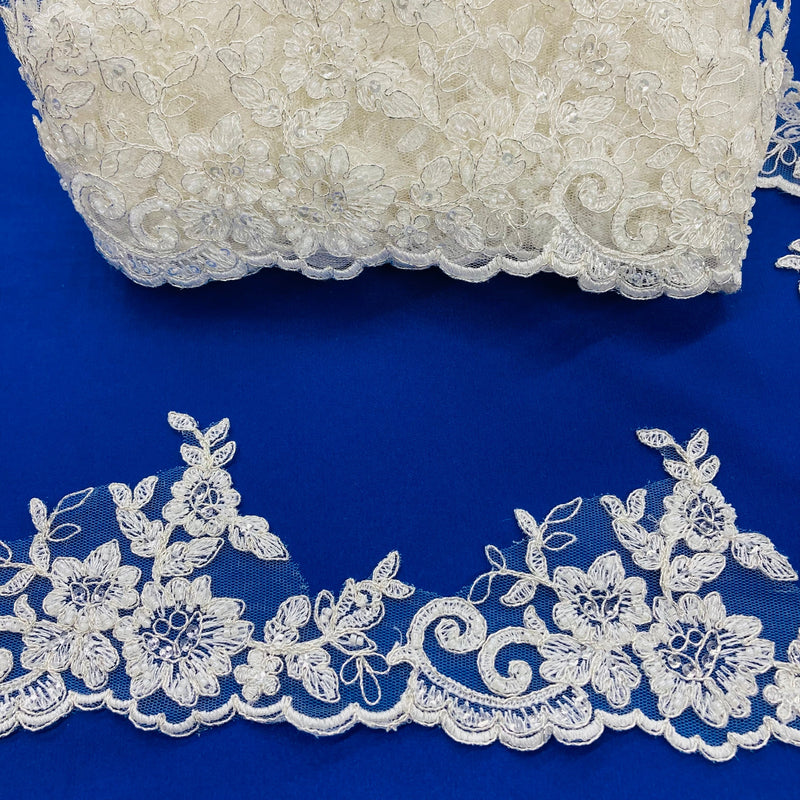 Beaded & Corded Lace Trimming Embroidered on 100% Polyester Net Mesh | Lace USA - 96796W-HB