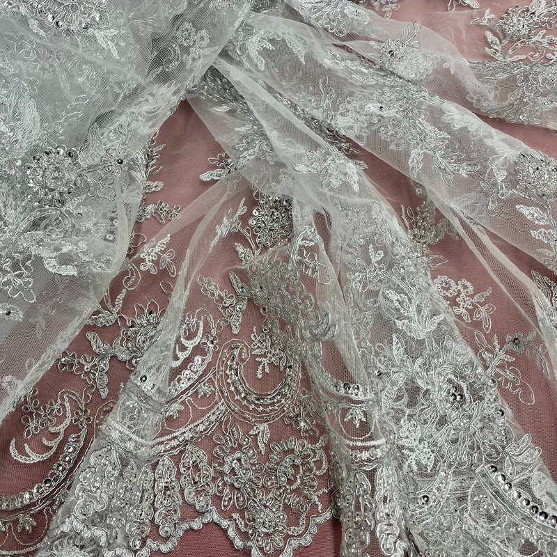 Beaded & Corded Bridal Fabric Lace Embroidered on 100% Polyester Net Mesh | Lace USA - 96979W-HB