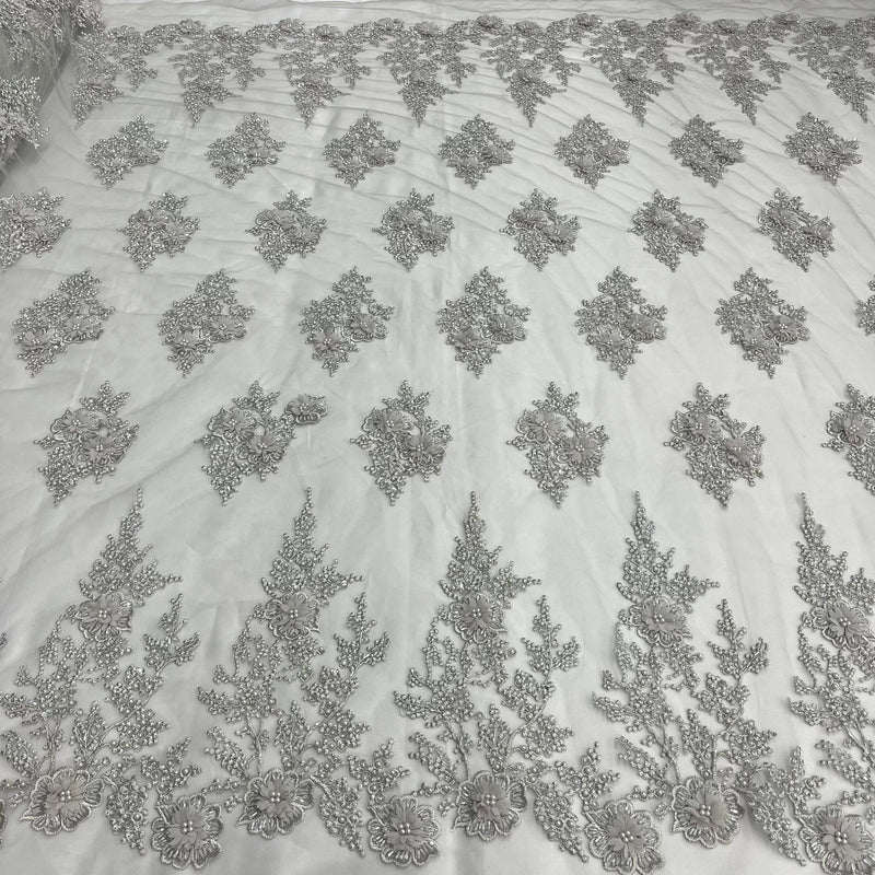 Beaded 3D Floral Lace Fabric Embroidered on 100% Polyester Net Mesh | Lace USA - GD-75